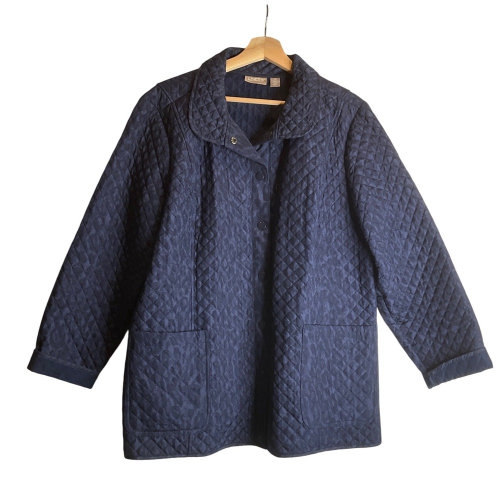 Chico's Quilted Barn Jacket Snap Front Blue Animal Print Casual Fall 3/XL/16